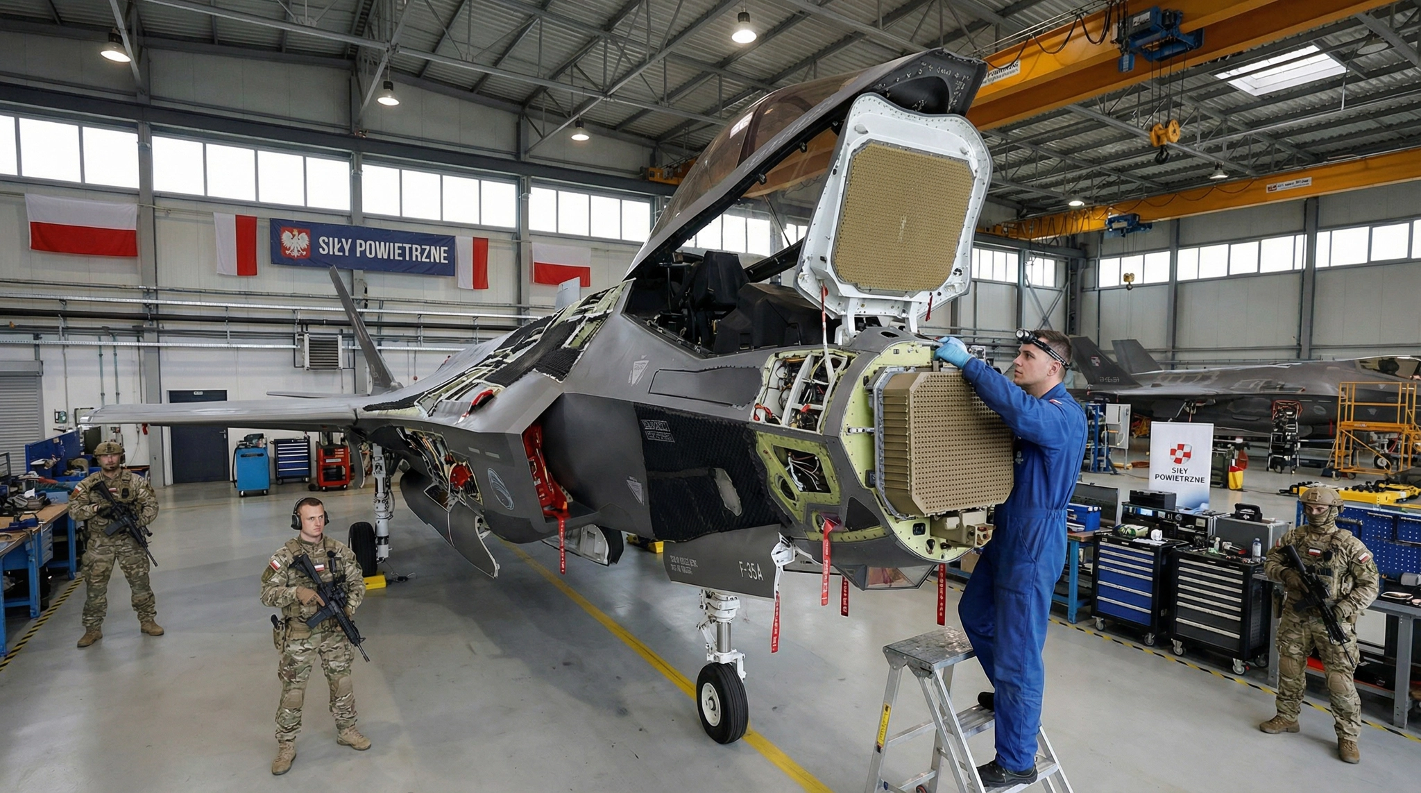 F-35 being maintained in a Polish airbase hangar, exposing RAM and AESA radar.