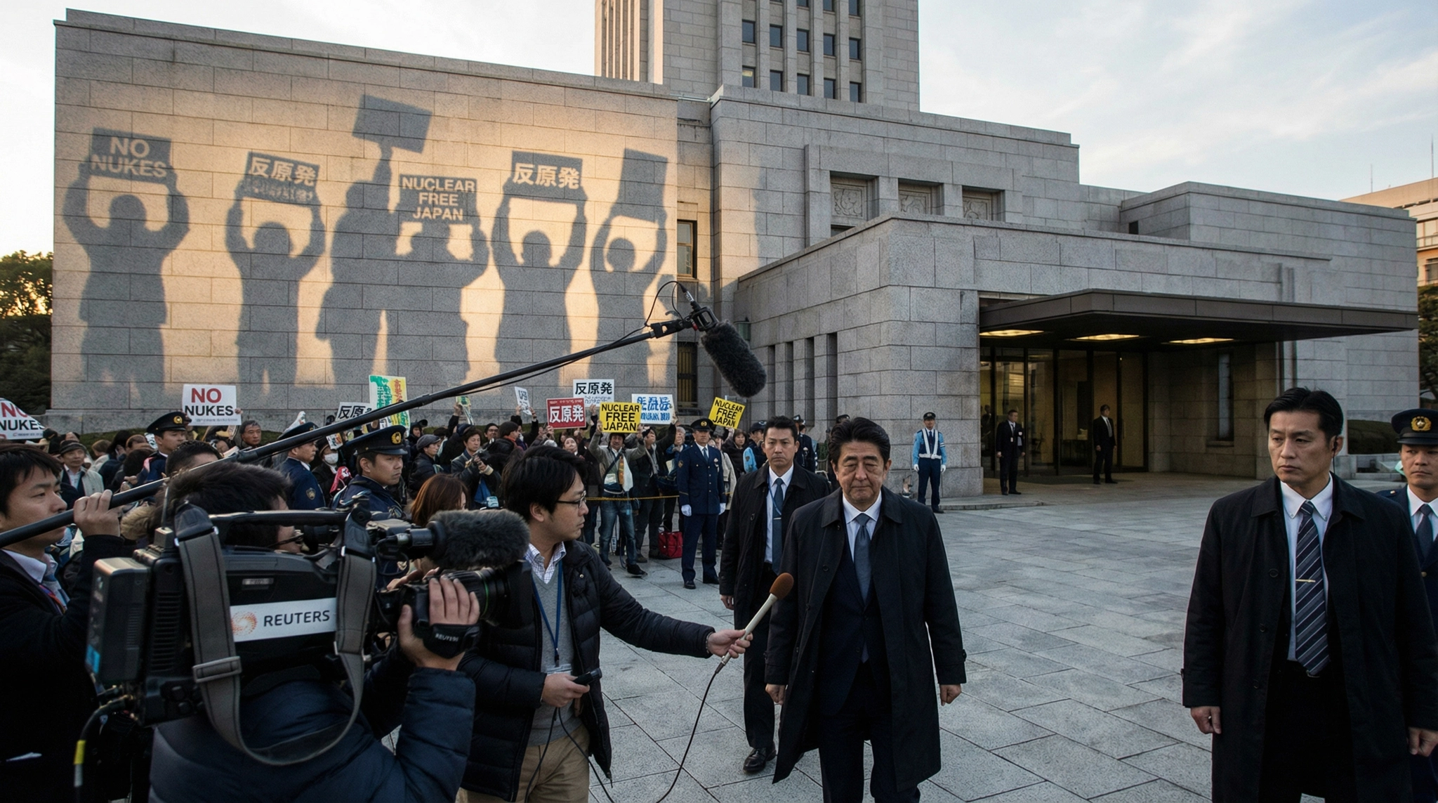 Protest shadows on Japanese Diet building.