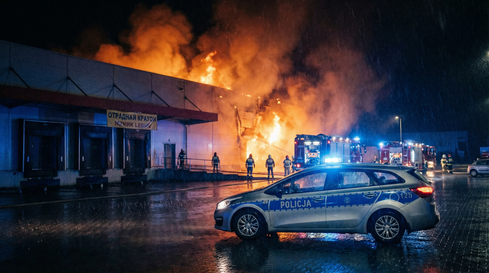 Warehouse on fire in Poland at night with emergency responders