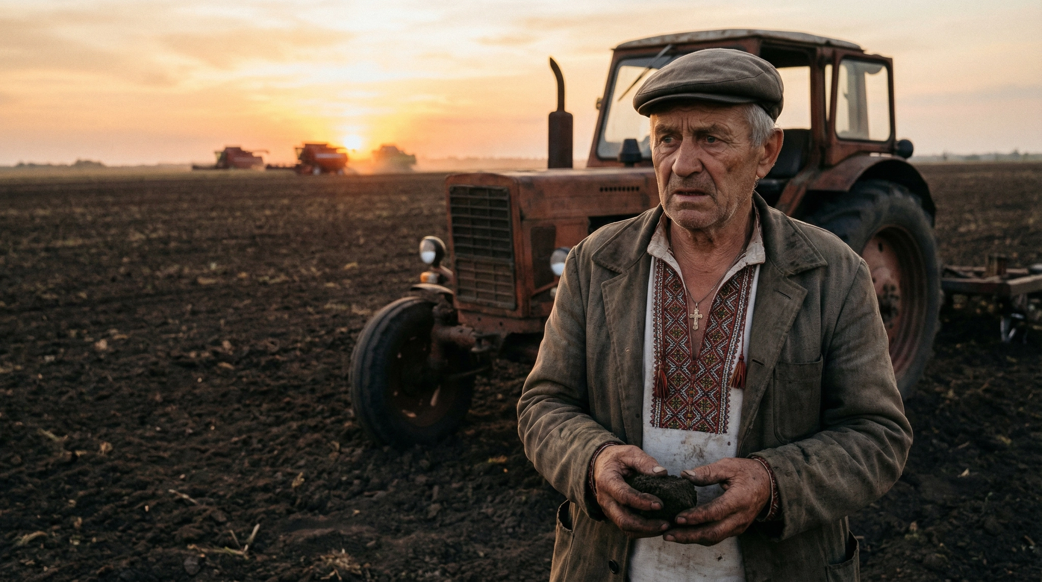A Ukrainian farmer holding soil in a field, combine harvesters in the distance.
