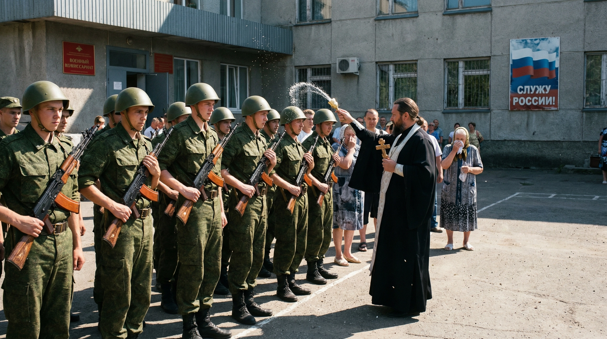 Russian Orthodox priest blessing new military conscripts in Moscow.