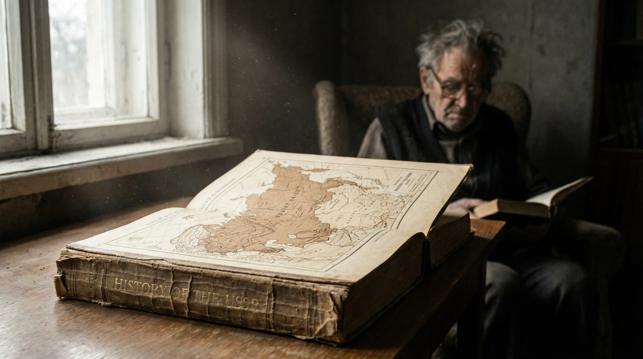 Close-up of an open history book with a map of the Soviet Union.