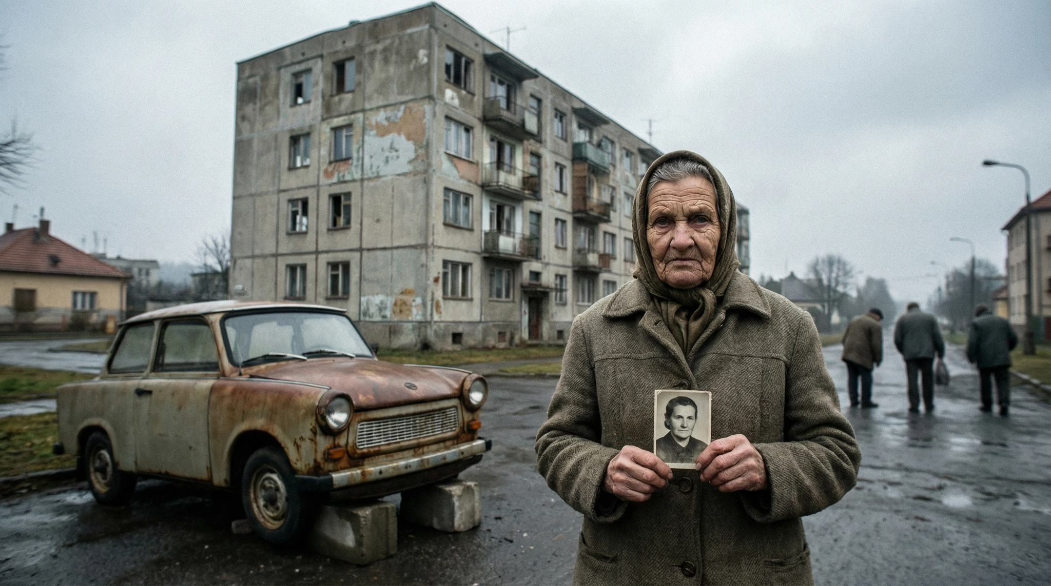 A Czech woman stands defiantly in front of a Soviet-era building.