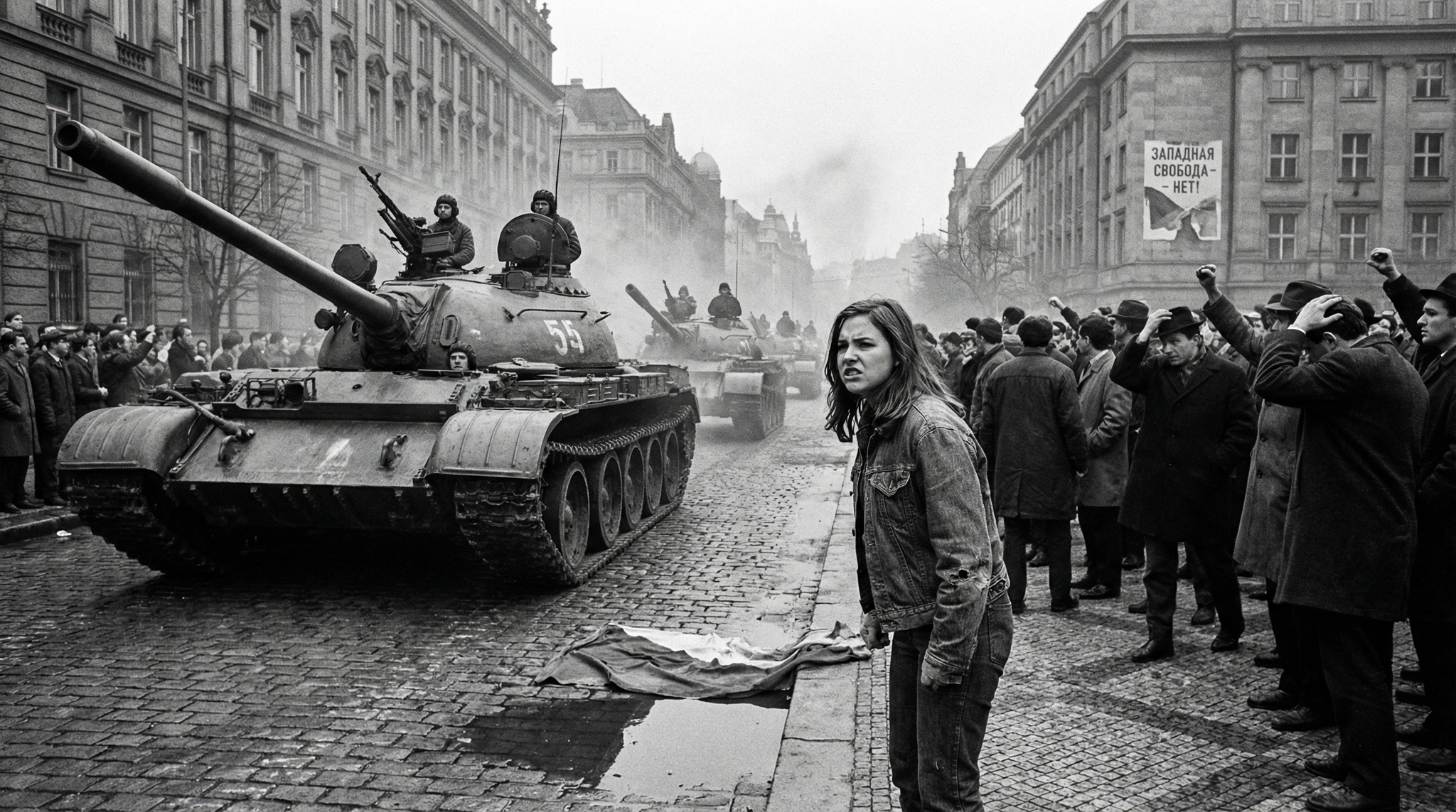 A woman confronts Soviet tanks during the Prague Spring uprising in 1968.