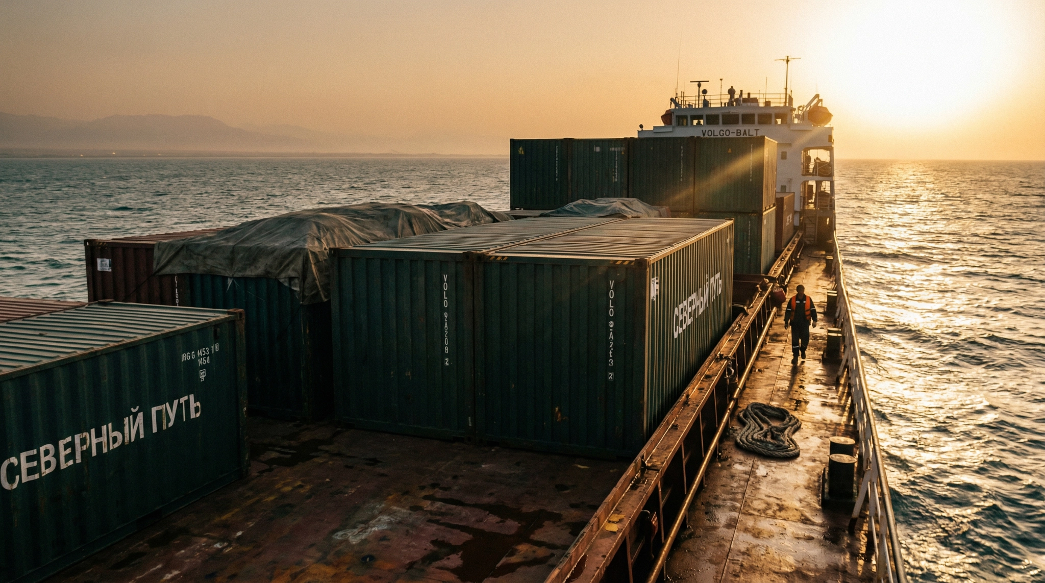 Cargo ship carrying containers on the Caspian Sea.