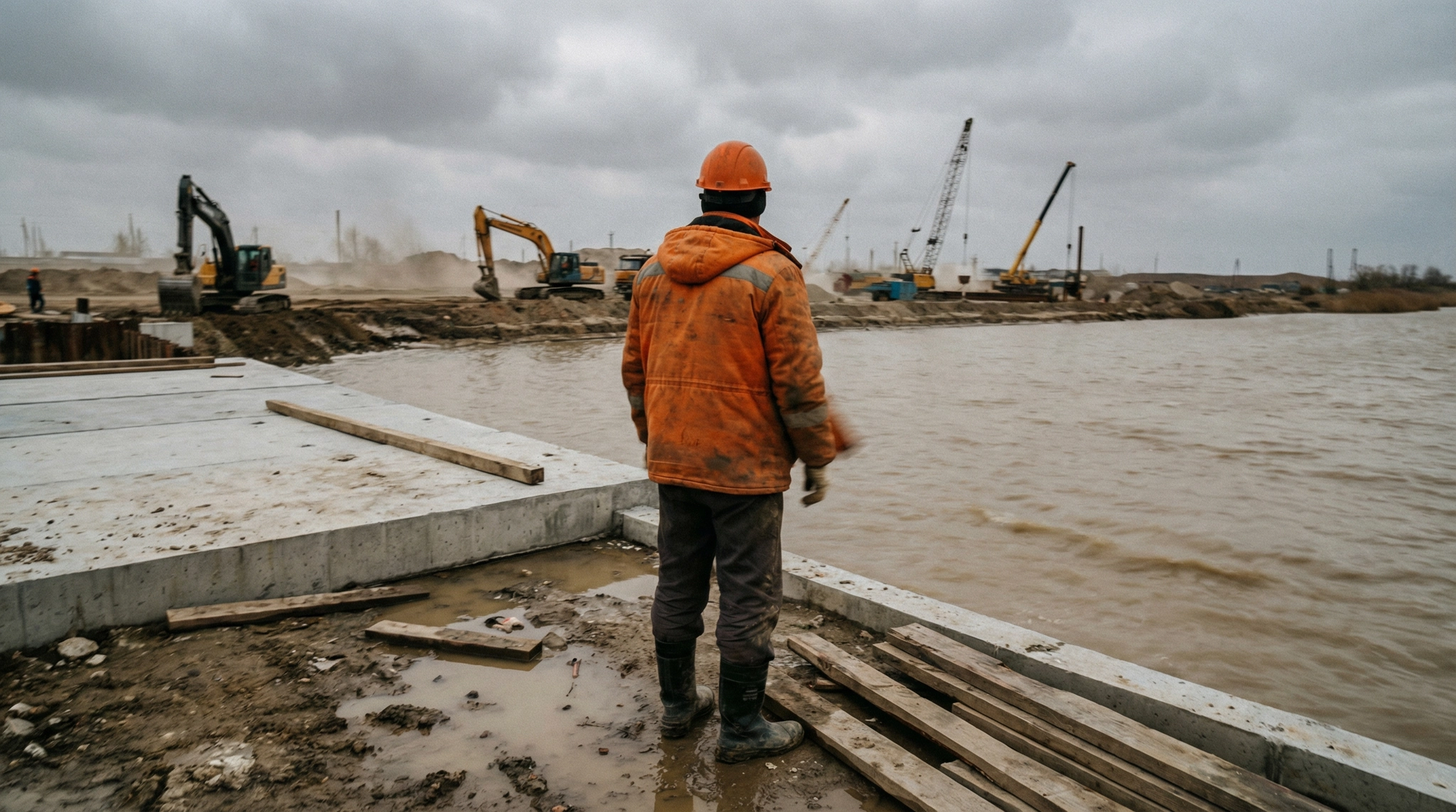 Construction worker inspecting infrastructure at the Volga-Caspian Canal.