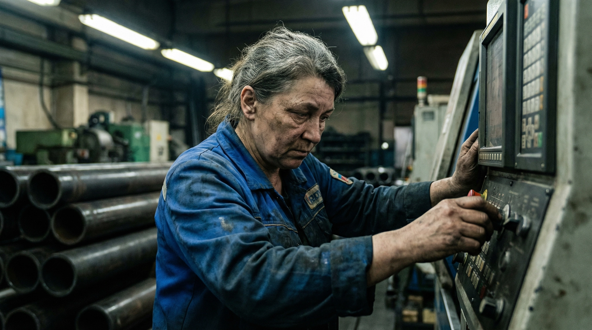 A close-up photo shows a tired female factory worker in Russia, operating machinery and struggling to keep up with production demands.