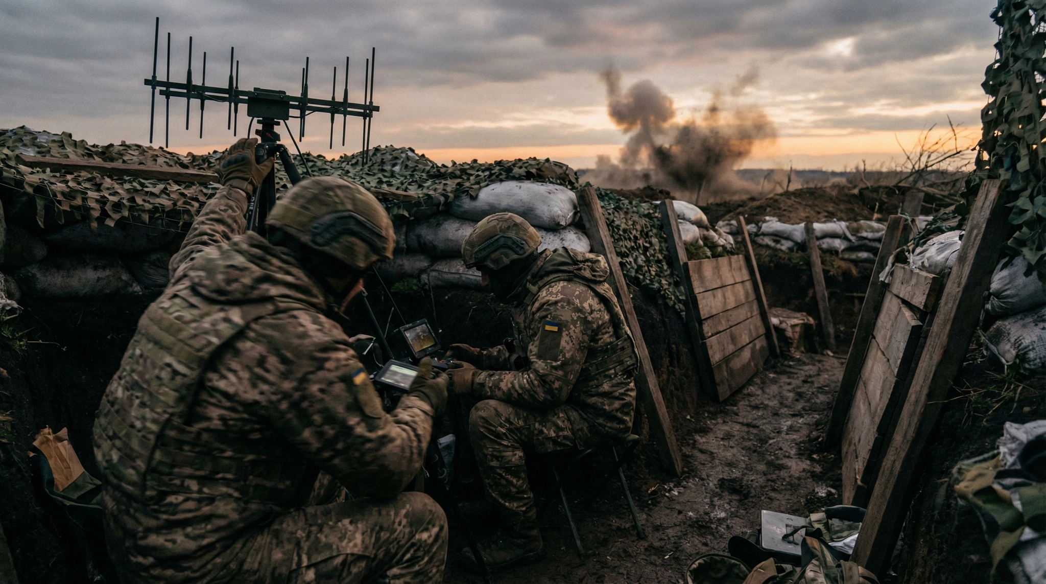 Ukrainian soldiers operating an FPV drone from a trench position in the Donbas region.