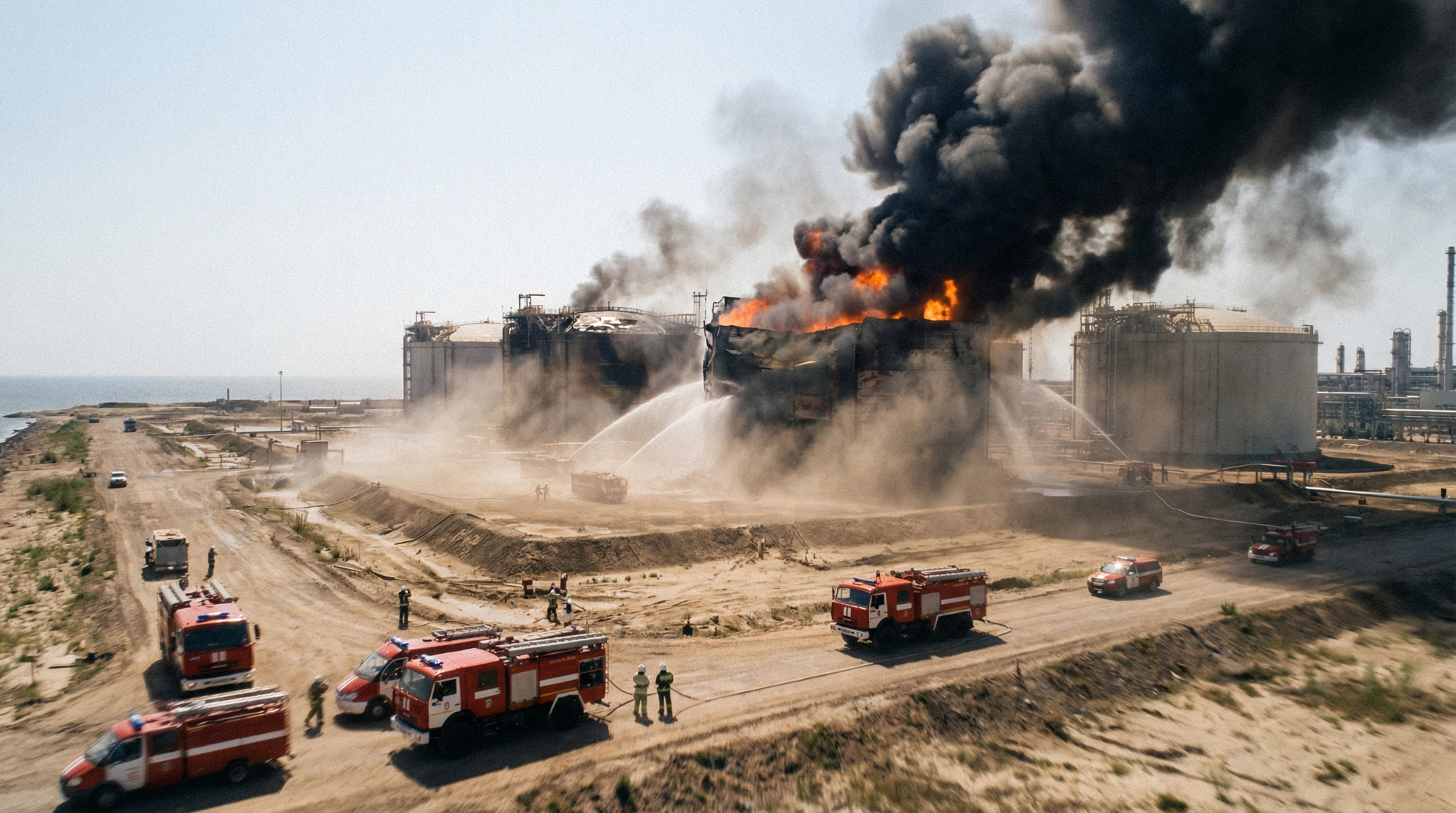 Aftermath of a Ukrainian drone strike on the Ust-Luga LNG terminal in Russia, showing fire and damage to storage tanks.