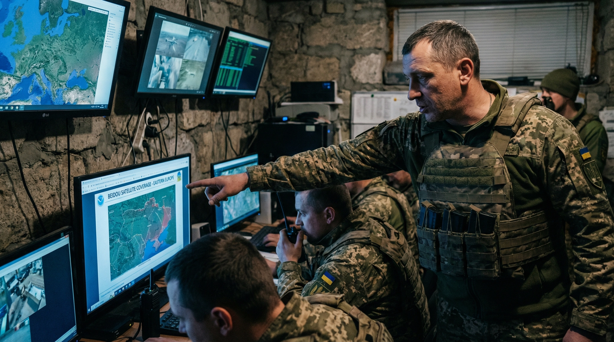 Ukrainian officer pointing at a map of BeiDou satellite coverage.