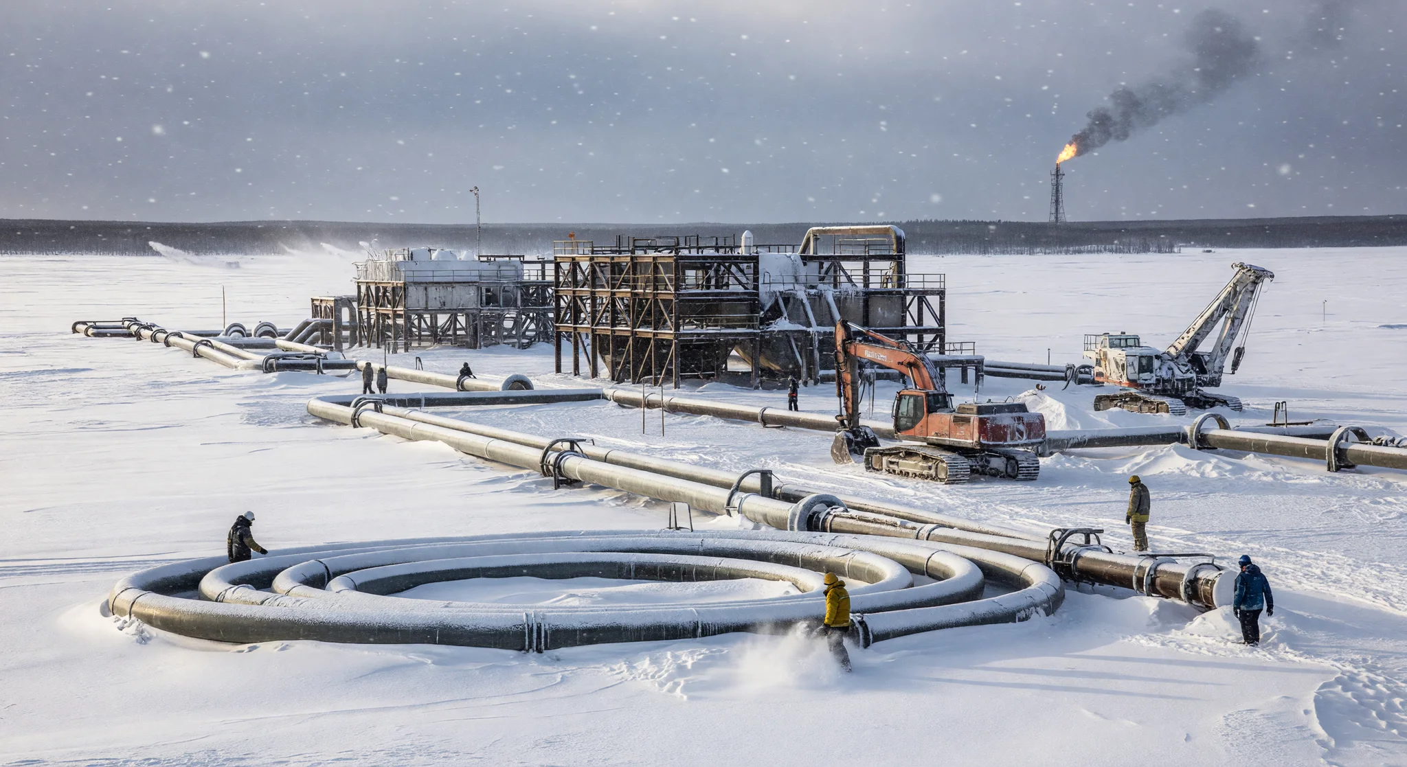 Snow-covered Arctic LNG 2 construction site in Yamal Peninsula with idle workers near frozen pipelines and machinery under winter sun. Snow-covered Arctic LNG 2 construction site in Yamal Peninsula with idle workers near frozen pipelines and machinery under winter sun.