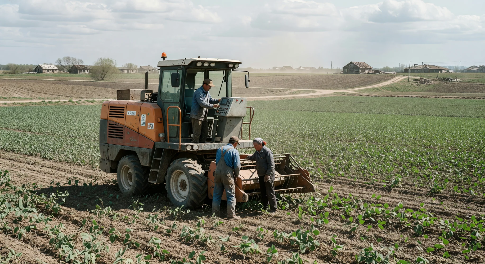 Chinese workers using machinery on expansive leased fields in rural Russia amid demographic voids. Chinese workers using machinery on expansive leased fields in rural Russia