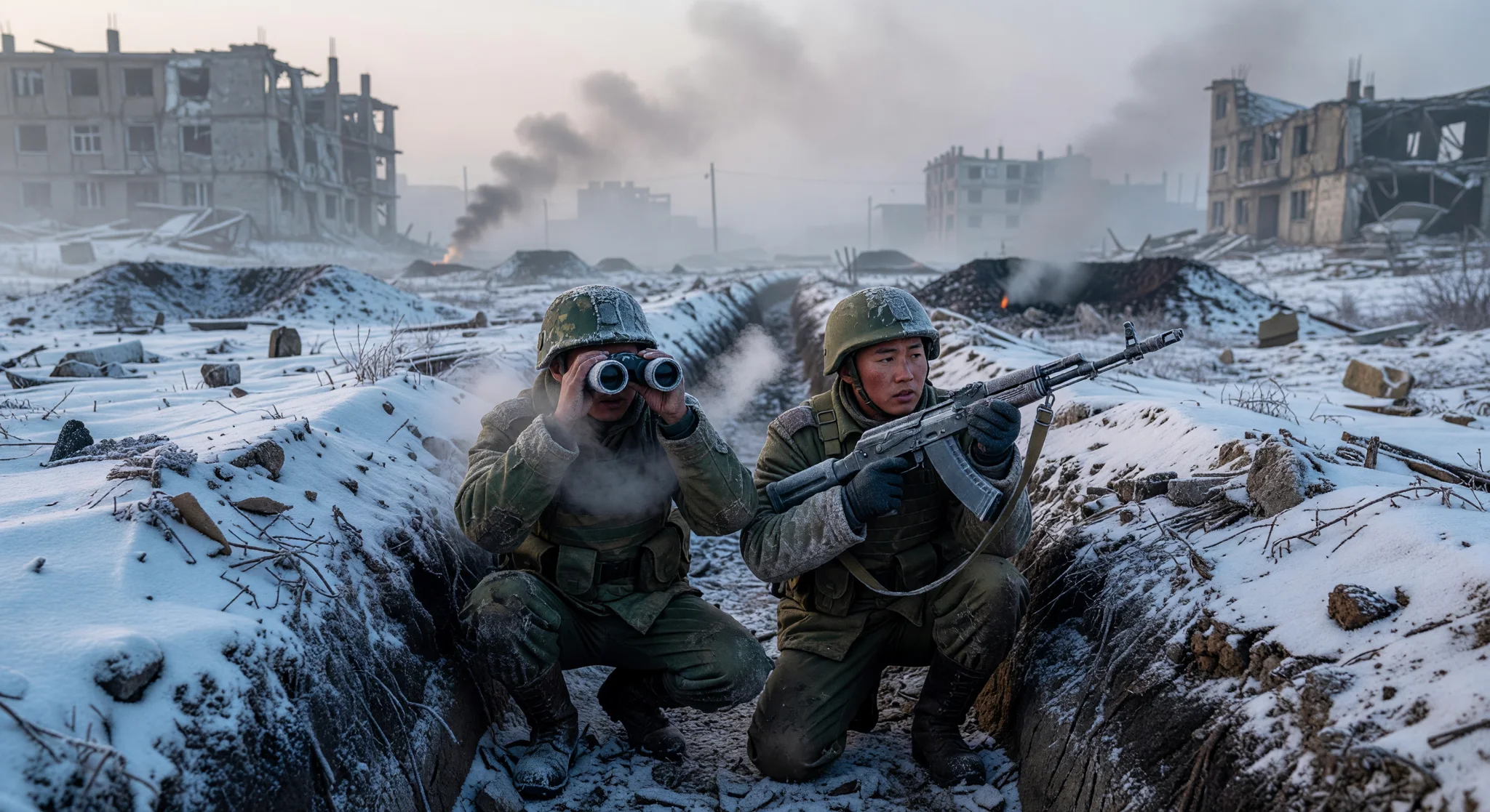 North Korean soldiers in snowy trench peering through binoculars amid ruins, smoke in foggy dawn. North Korean soldiers in snowy trench peering through binoculars amid ruins, smoke in foggy dawn.