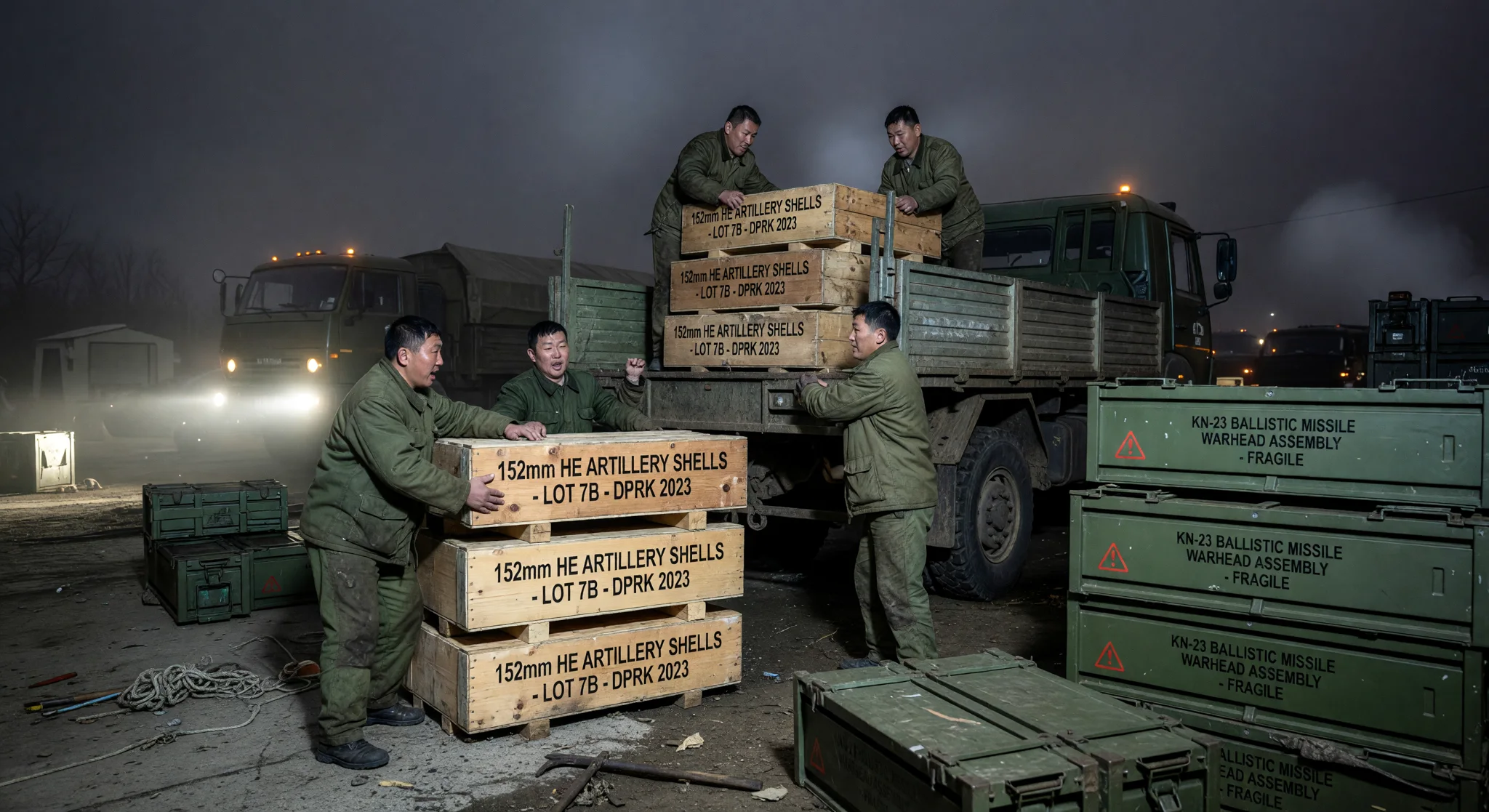 North Korean workers loading artillery shell crates onto trucks at night depot, missiles nearby, foggy conditions. North Korean workers loading artillery shell crates onto trucks at night depot, missiles nearby, foggy conditions.
