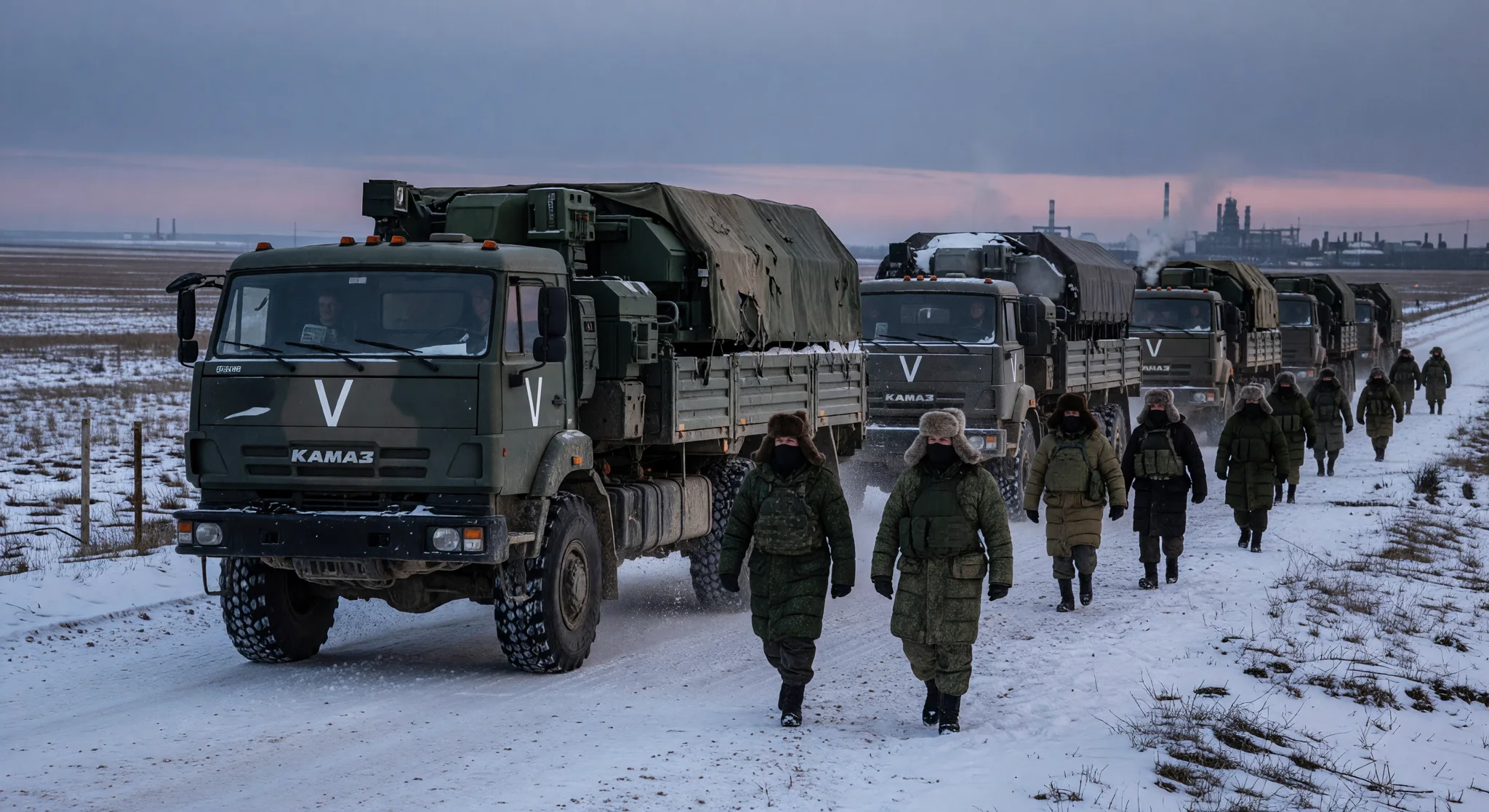 Military convoy moving anti-aircraft systems on snowy road Military convoy moving anti-aircraft systems on snowy road