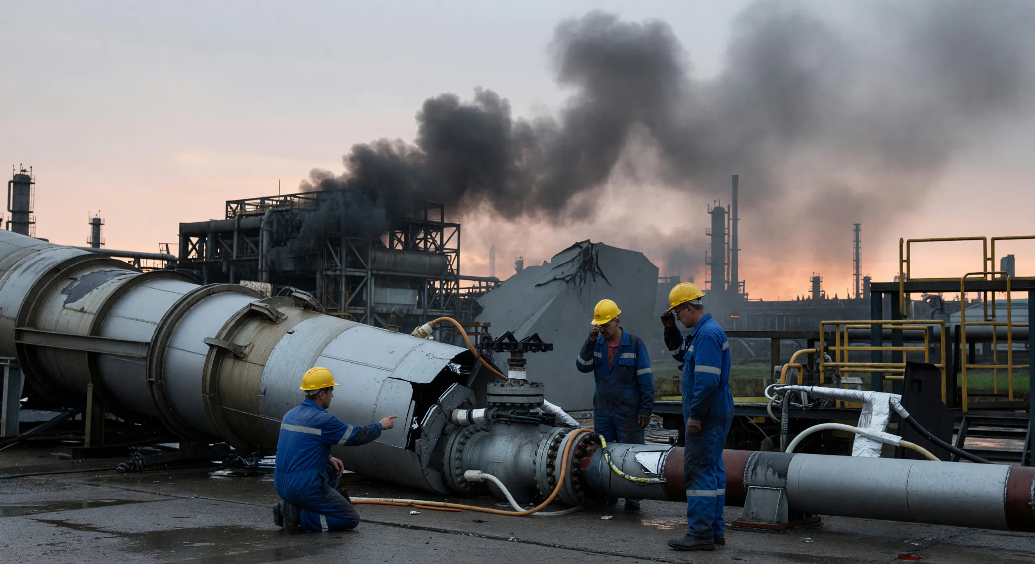Smoke rising from damaged oil refinery with workers inspecting Smoke rising from damaged oil refinery with workers inspecting