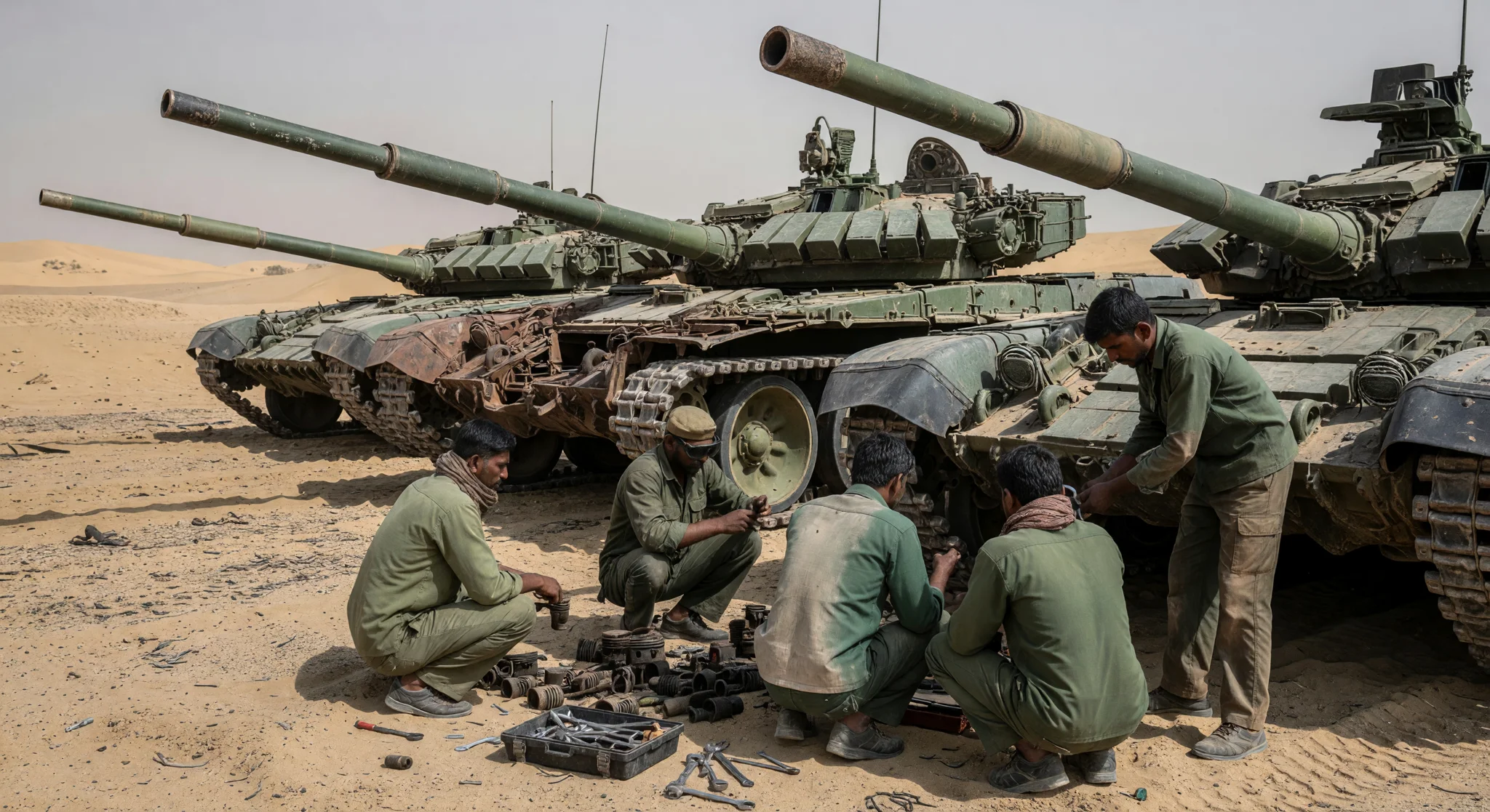 Indian engineers scavenging parts from old T-72 tanks in the desert Indian engineers scavenging parts from old T-72 tanks in the desert