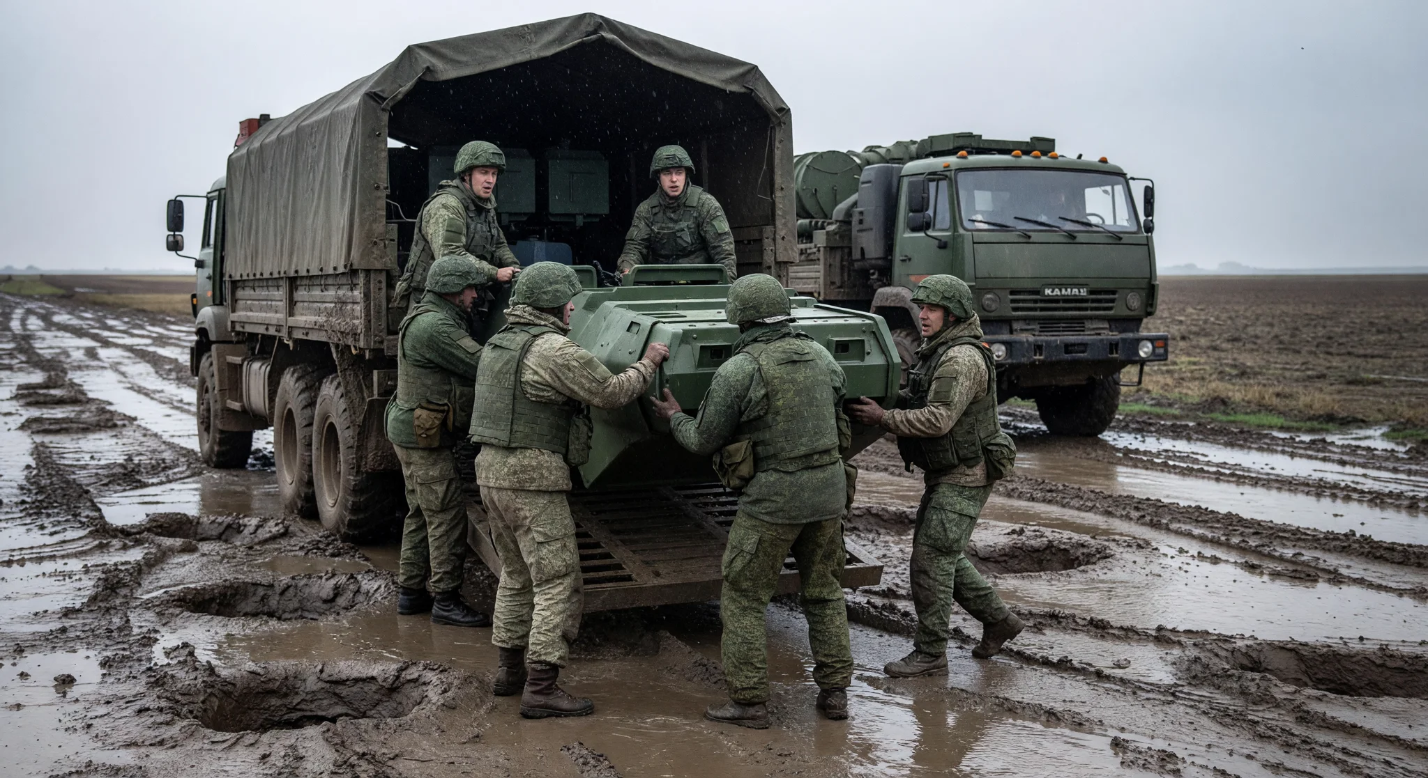 Russian troops unloading S-400 systems in muddy Ukrainian frontline Russian troops unloading S-400 systems in muddy Ukrainian frontline