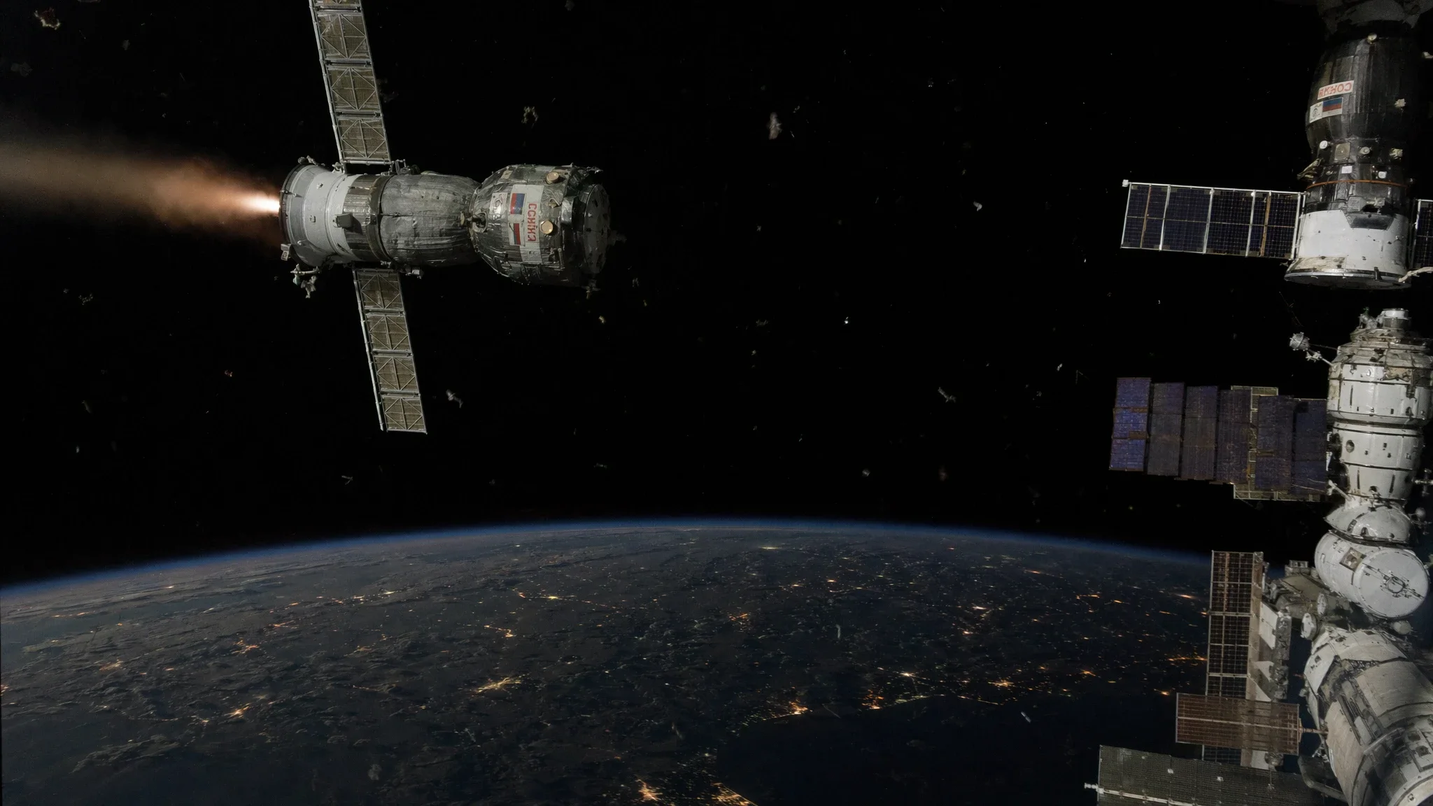 Russian spacecraft near Western satellites over Earth's dark curve, thruster trail and floating debris in view. Russian spacecraft near Western satellites over Earth's dark curve, thruster trail and floating debris in view.