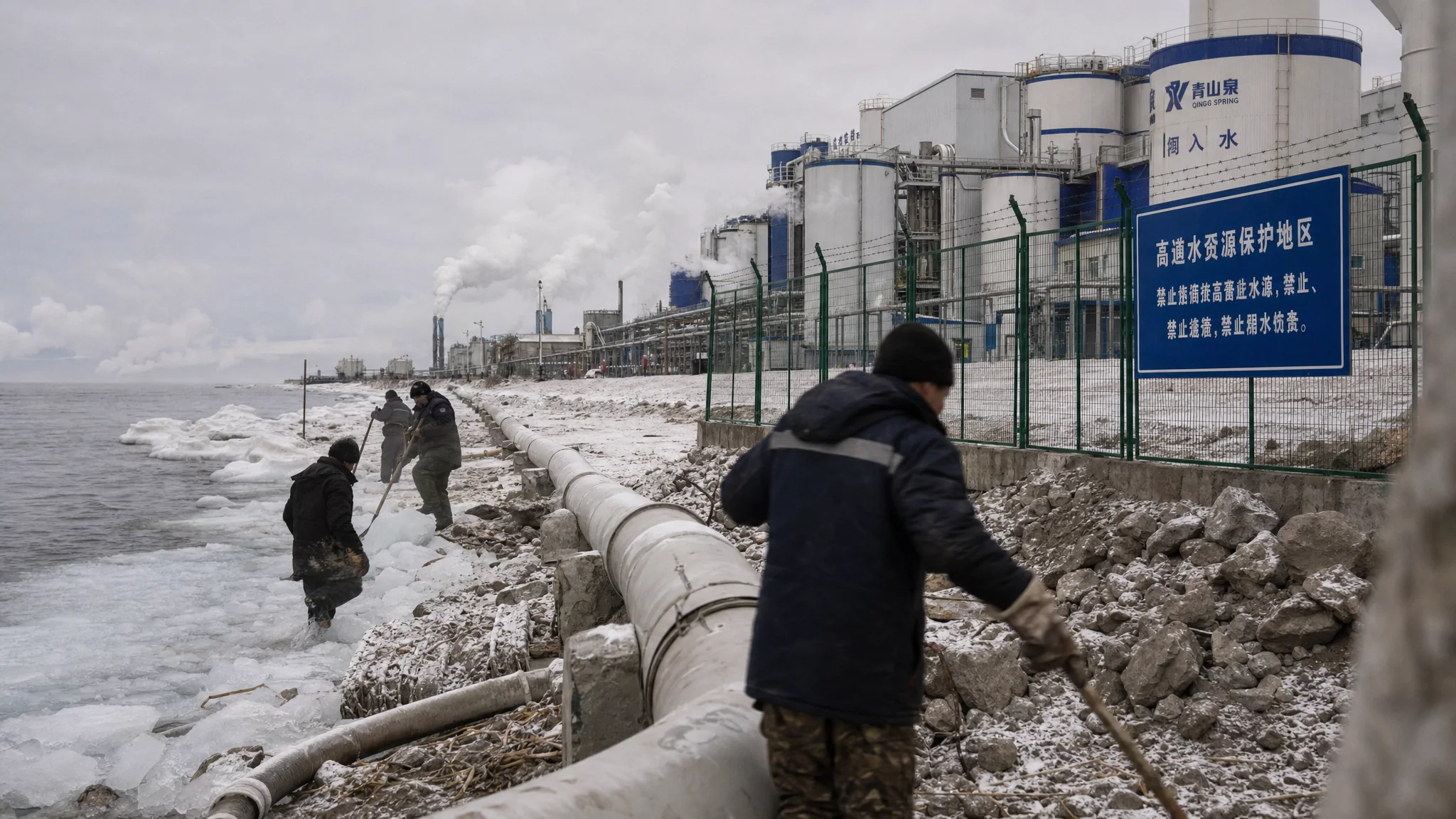 Industrial water pipelines and bottling plants mark the shoreline of Lake Baikal as Russian workers toil in cold, overcast conditions. Industrial water pipelines and bottling plants mark the shoreline of Lake Baikal as Russian workers toil in cold, overcast conditions.