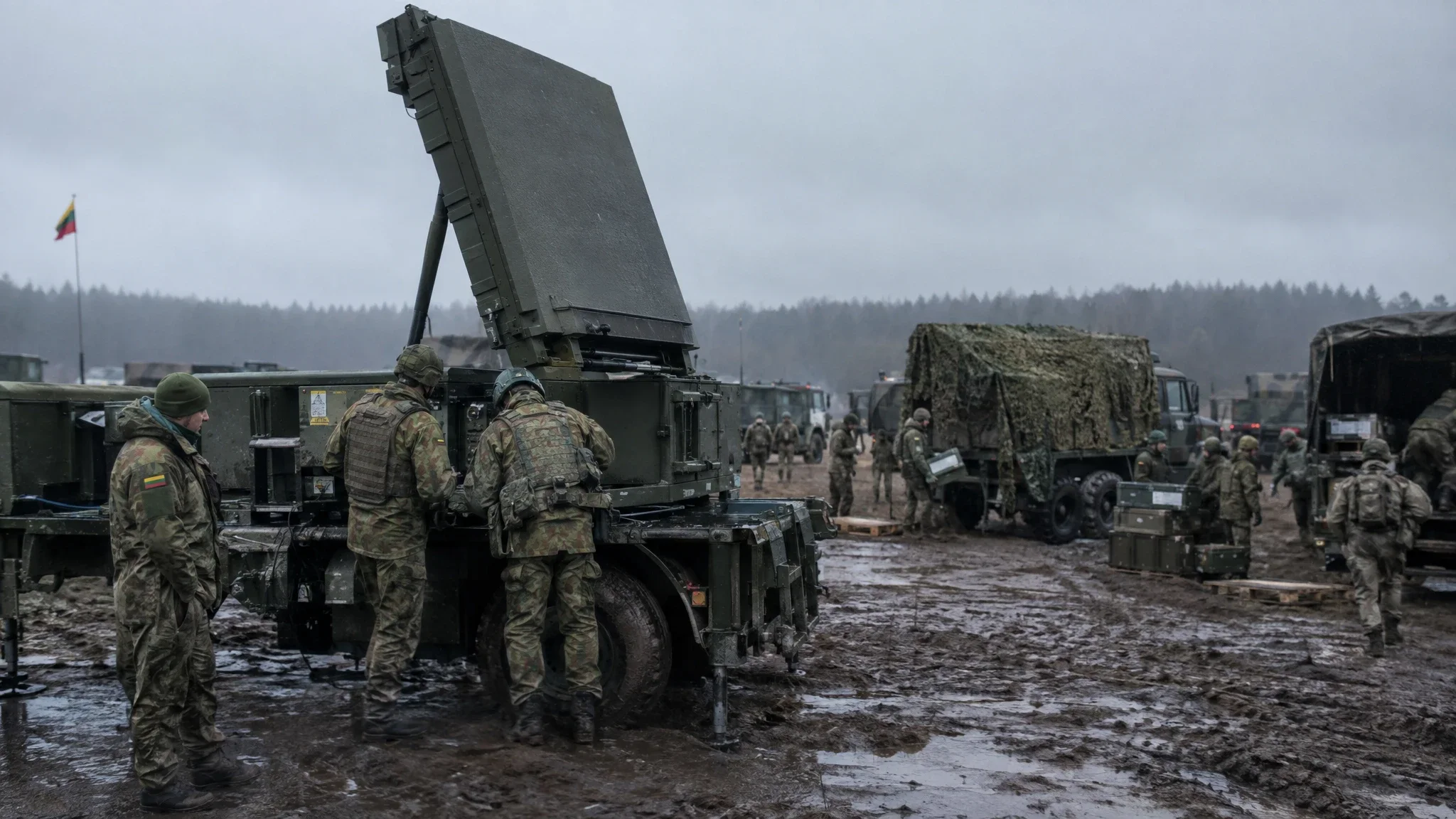 Lithuanian soldiers inspect mobile air-defense equipment near the Suwałki corridor in rainy weather. Lithuanian soldiers inspect mobile air-defense equipment near the Suwałki corridor in rainy weather.
