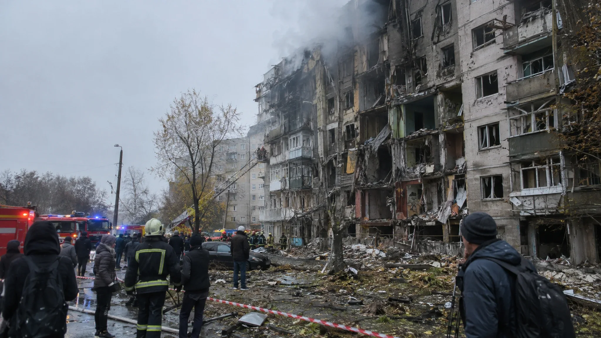 Emergency crews inspect a damaged apartment building after a reported drone attack near Moscow. Emergency crews inspect a damaged apartment building after a reported drone attack near Moscow.