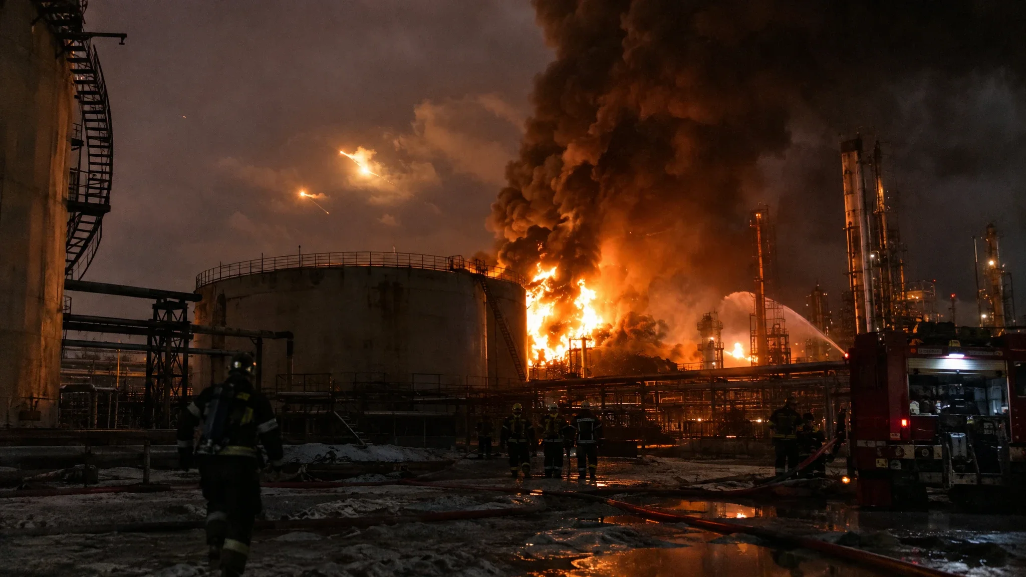 Firefighters battle a large blaze at an apparent oil refinery near Moscow after a reported drone attack. Firefighters battle a large blaze at an apparent oil refinery near Moscow after a reported drone attack.