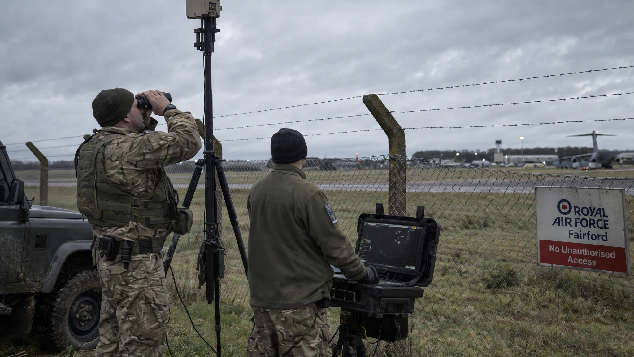 A security patrol checks a drone-detection unit beside RAF Fairford’s perimeter fence under an overcast sky. A security patrol checks a drone-detection unit beside RAF Fairford’s perimeter fence under an overcast sky.