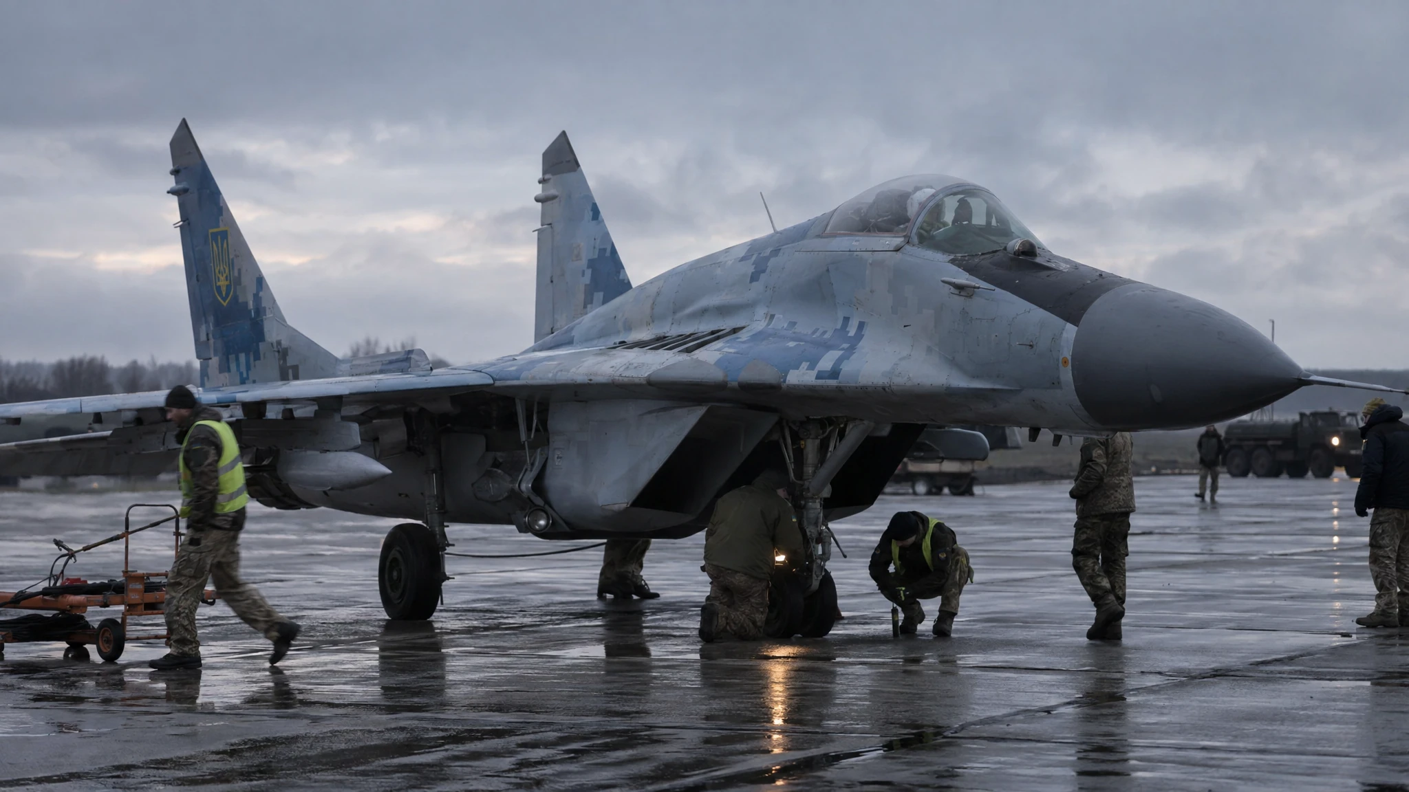 A fighter jet taxis past ground crew on a wet airfield beneath low clouds. A fighter jet taxis past ground crew on a wet airfield beneath low clouds.