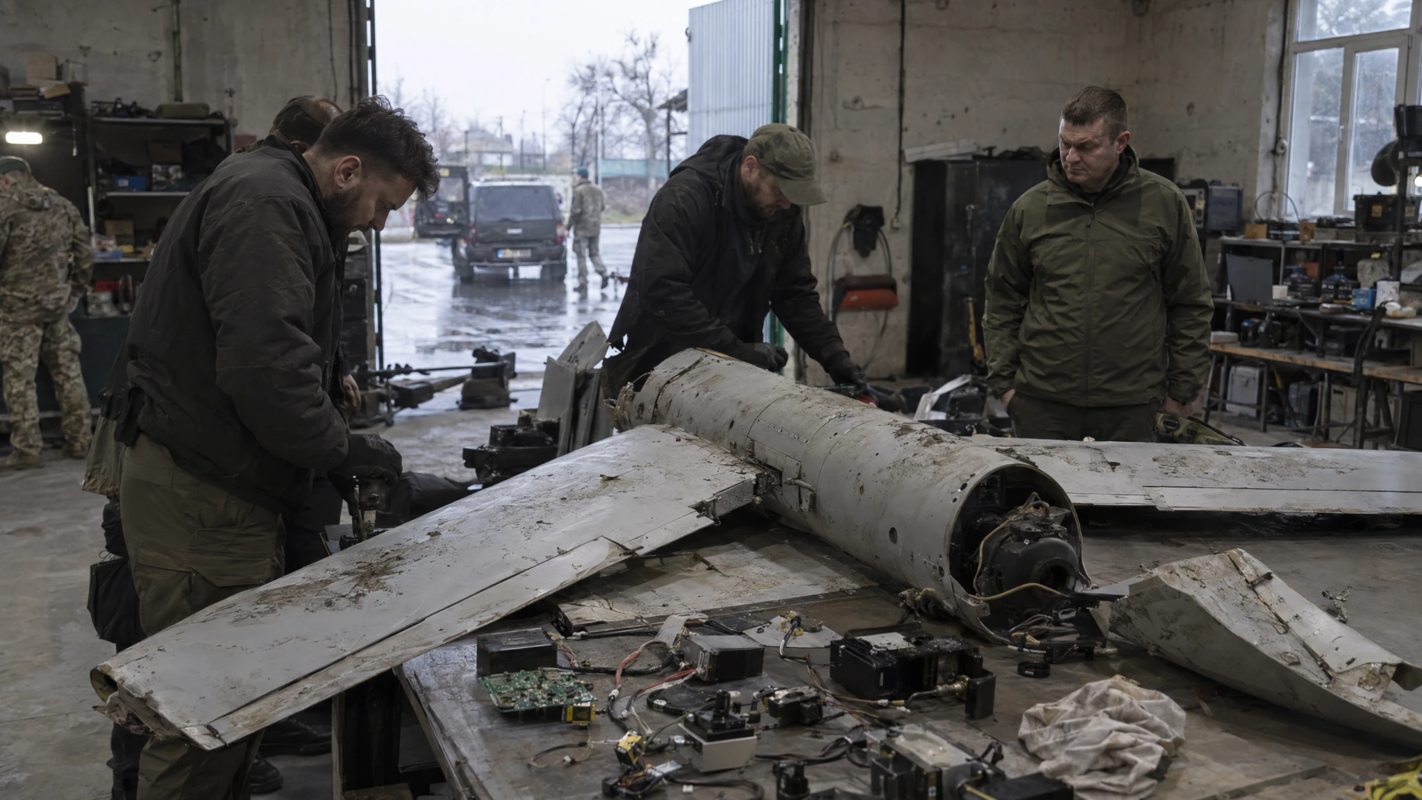 Investigators inspect a disassembled jet-powered drone and electronic parts in a workshop. Investigators inspect a disassembled jet-powered drone and electronic parts in a workshop.