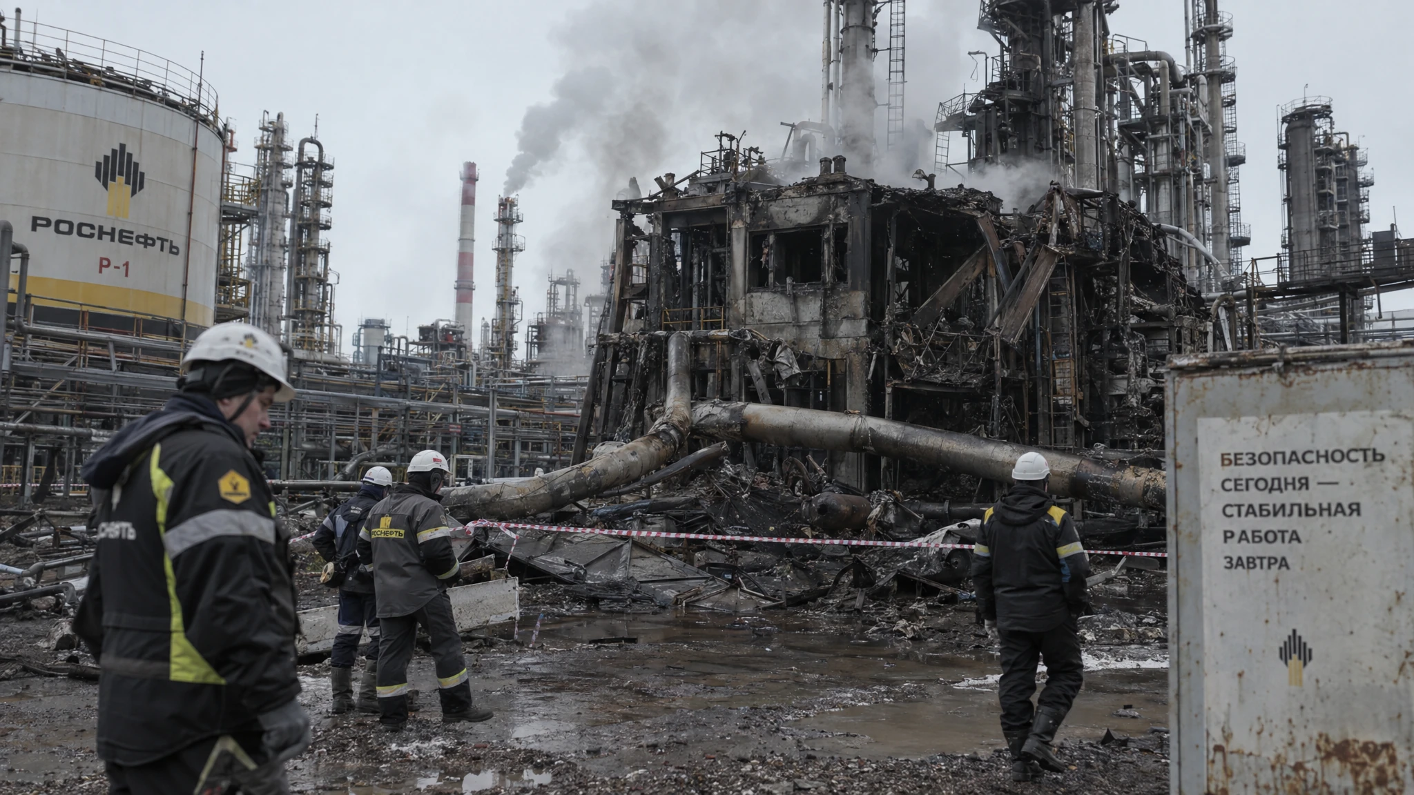 Workers inspect fire-damaged pipes at a Russian oil refinery after a drone attack. Workers inspect fire-damaged pipes at a Russian oil refinery after a drone attack.