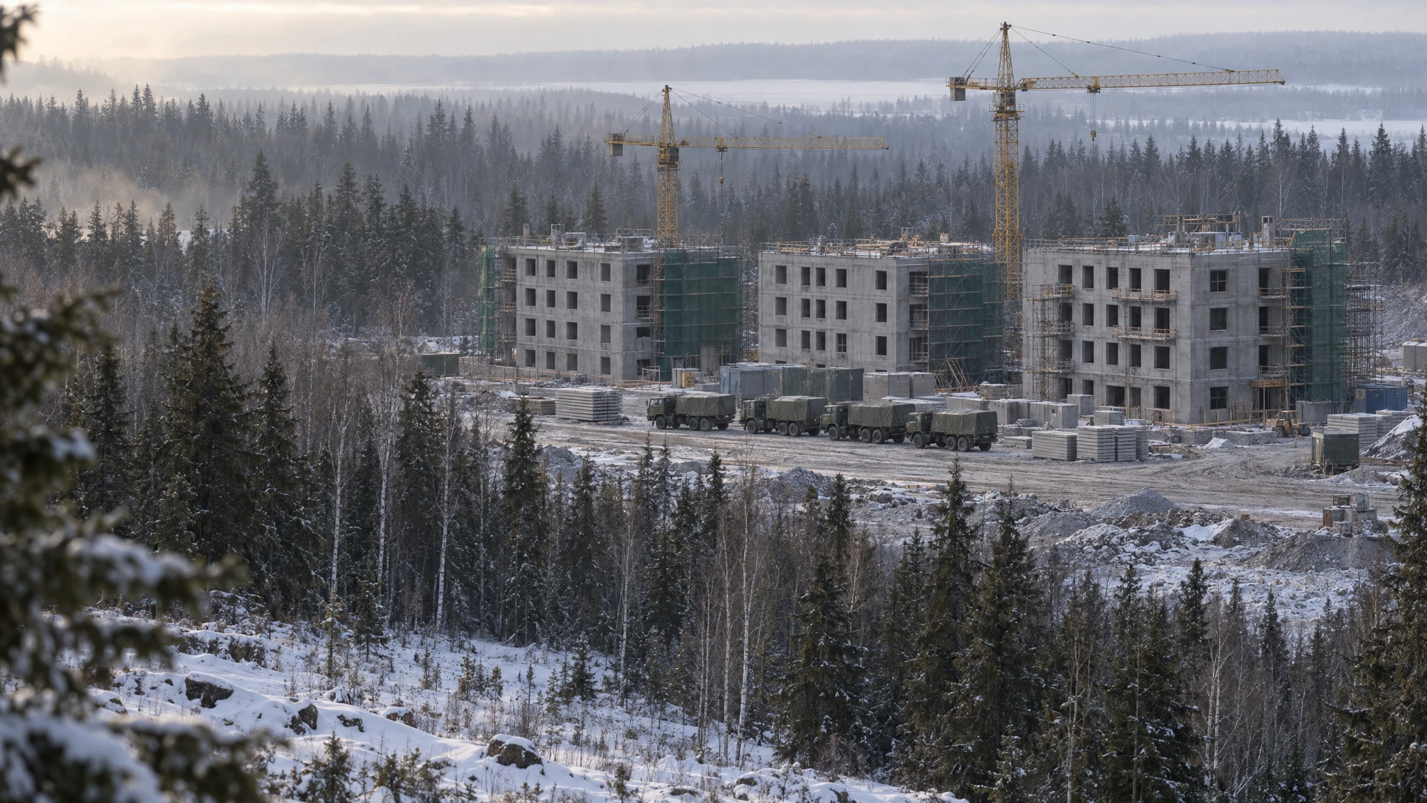Unfinished grey concrete barracks blocks with tower cranes and parked olive military trucks in a snowy clearing surrounded by spruce and birch forest. Unfinished grey concrete barracks blocks with tower cranes and parked olive military trucks in a snowy clearing surrounded by spruce and birch forest.