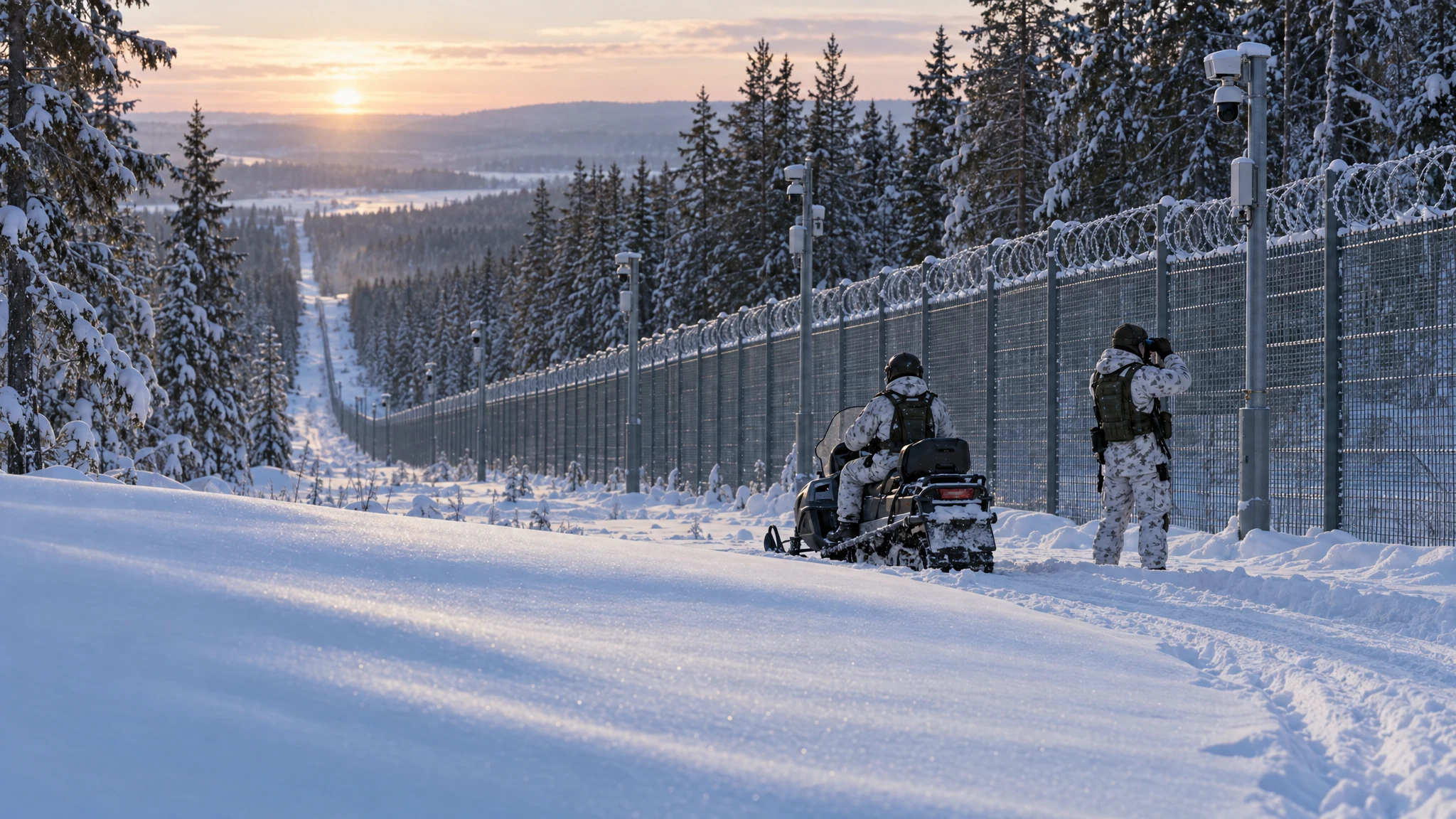 Two Finnish border guards in white snow camouflage, one on a snowmobile, watch the treeline beside a tall barbed-wire border fence cutting through snowy pine forest. Two Finnish border guards in white snow camouflage, one on a snowmobile, watch the treeline beside a tall barbed-wire border fence cutting through snowy pine forest.