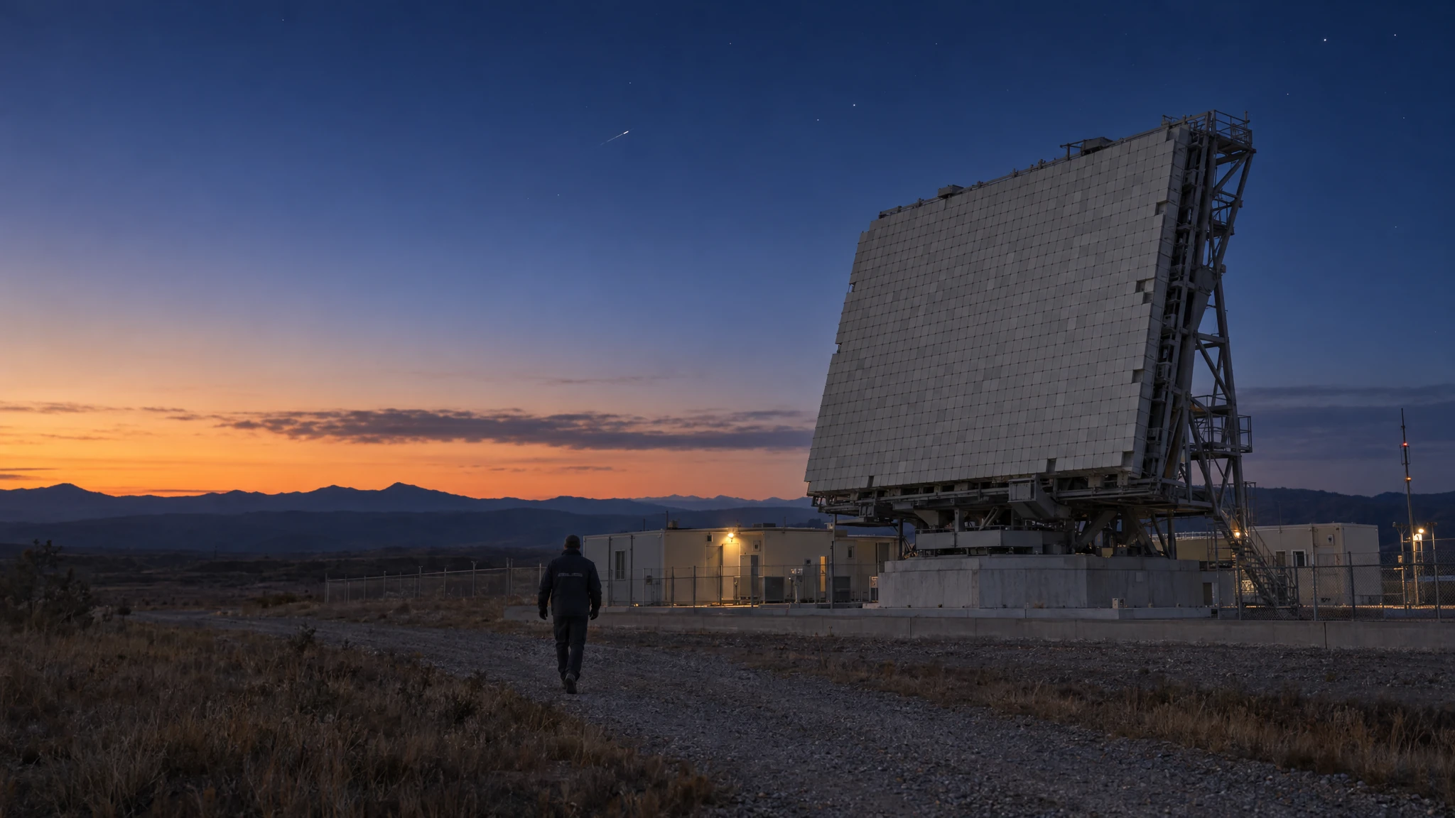 A large flat grey phased-array radar on a steel frame at a remote grassland site at dusk, with a lone technician walking toward it seen from behind. A large flat grey phased-array radar on a steel frame at a remote grassland site at dusk, with a lone technician walking toward it seen from behind.
