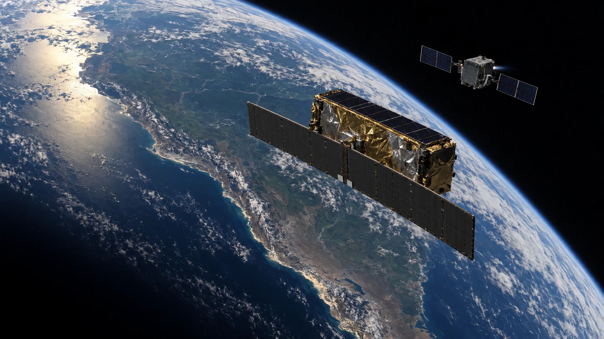 Two small satellites flying close together above the curve of the Earth. A flat-panel radar satellite is followed by a smaller grey spacecraft with blue solar wings. Two small satellites flying close together above the curve of the Earth. A flat-panel radar satellite is followed by a smaller grey spacecraft with blue solar wings.