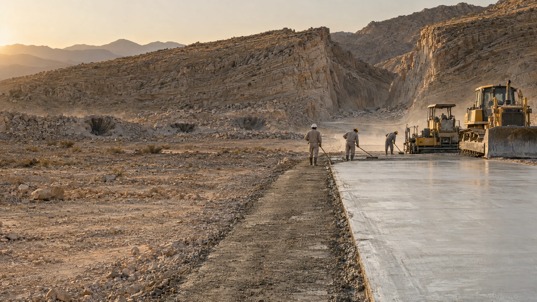 Construction workers seen from behind level a new concrete taxiway beside a bulldozer, where the pavement enters a cut through a rocky desert ridge with old craters nearby. Construction workers seen from behind level a new concrete taxiway beside a bulldozer, where the pavement enters a cut through a rocky desert ridge with old craters nearby.